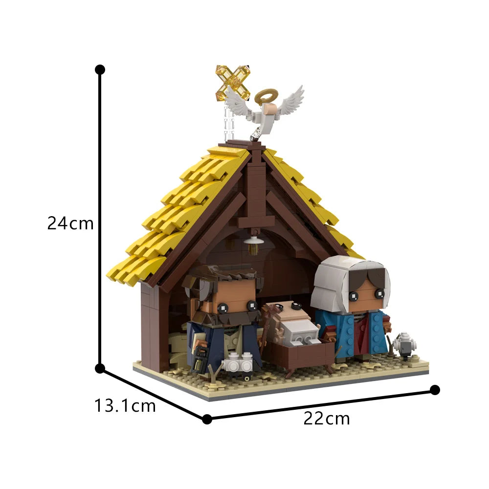Presépio em blocos de montar com telhado de palha e anjo no alto, 616 peças, fundo branco