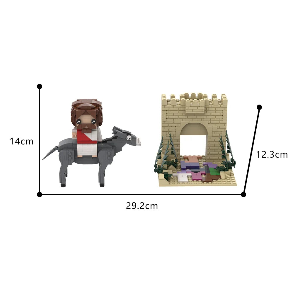 Jesus montado no jumentinho ao lado do portão de Jerusalém em blocos de montar, 567 peças, com as medidas: 29,2 cm de largura