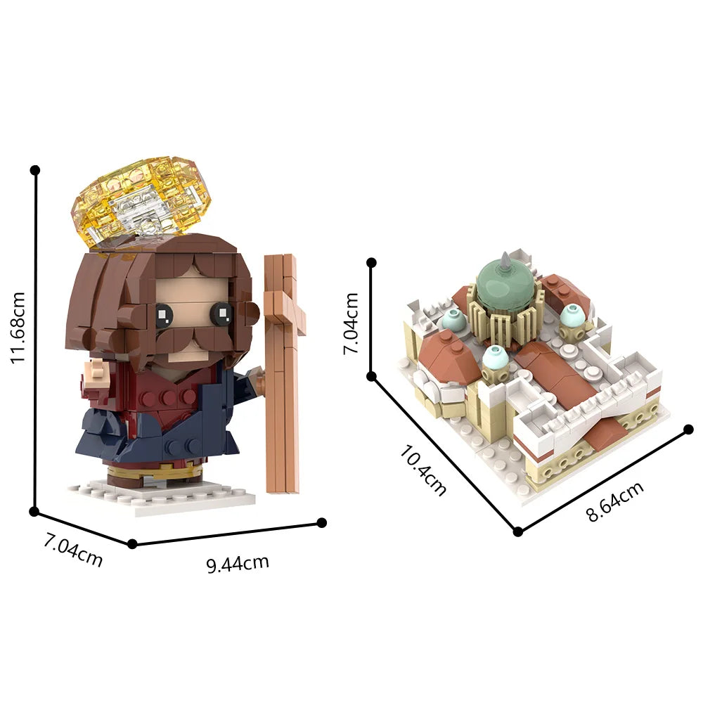 Figura de Jesus em blocos de montar ao lado da maquete da cidade santa, 347 peças, fundo branco