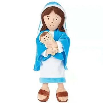 Boneca de pelúcia de Nossa Senhora de manto azul segurando o Menino Jesus, fundo branco