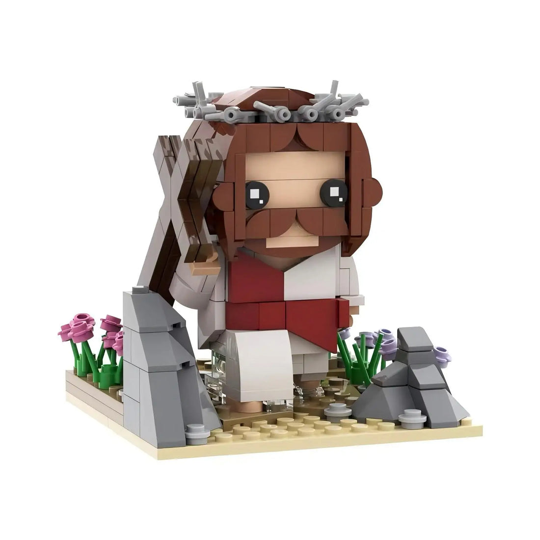 Jesus carregando a cruz em blocos de montar, com manto vermelho e coroa de espinhos, 285 peças, fundo branco