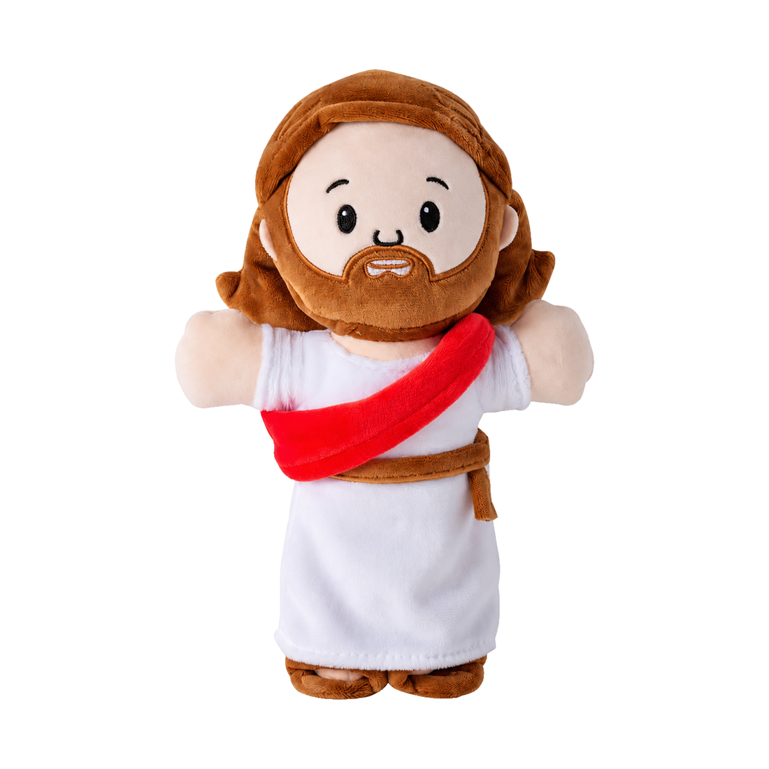 Boneco de pelúcia do Jesus com túnica branca e faixa vermelha, macio para abraçar, em fundo branco