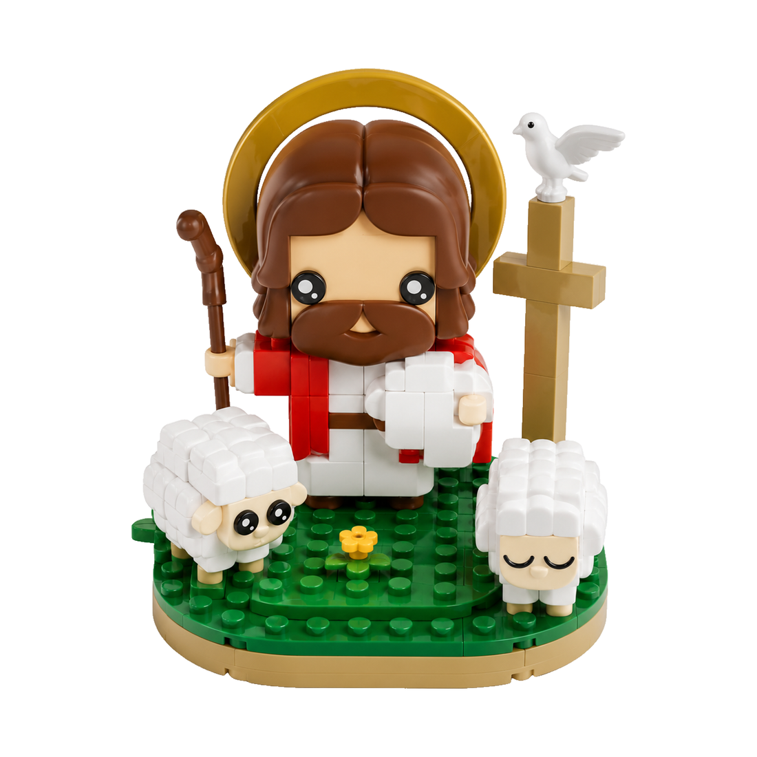 Figura do Bom Pastor montada em blocos, com ovelhas, cruz e uma pomba, em fundo branco