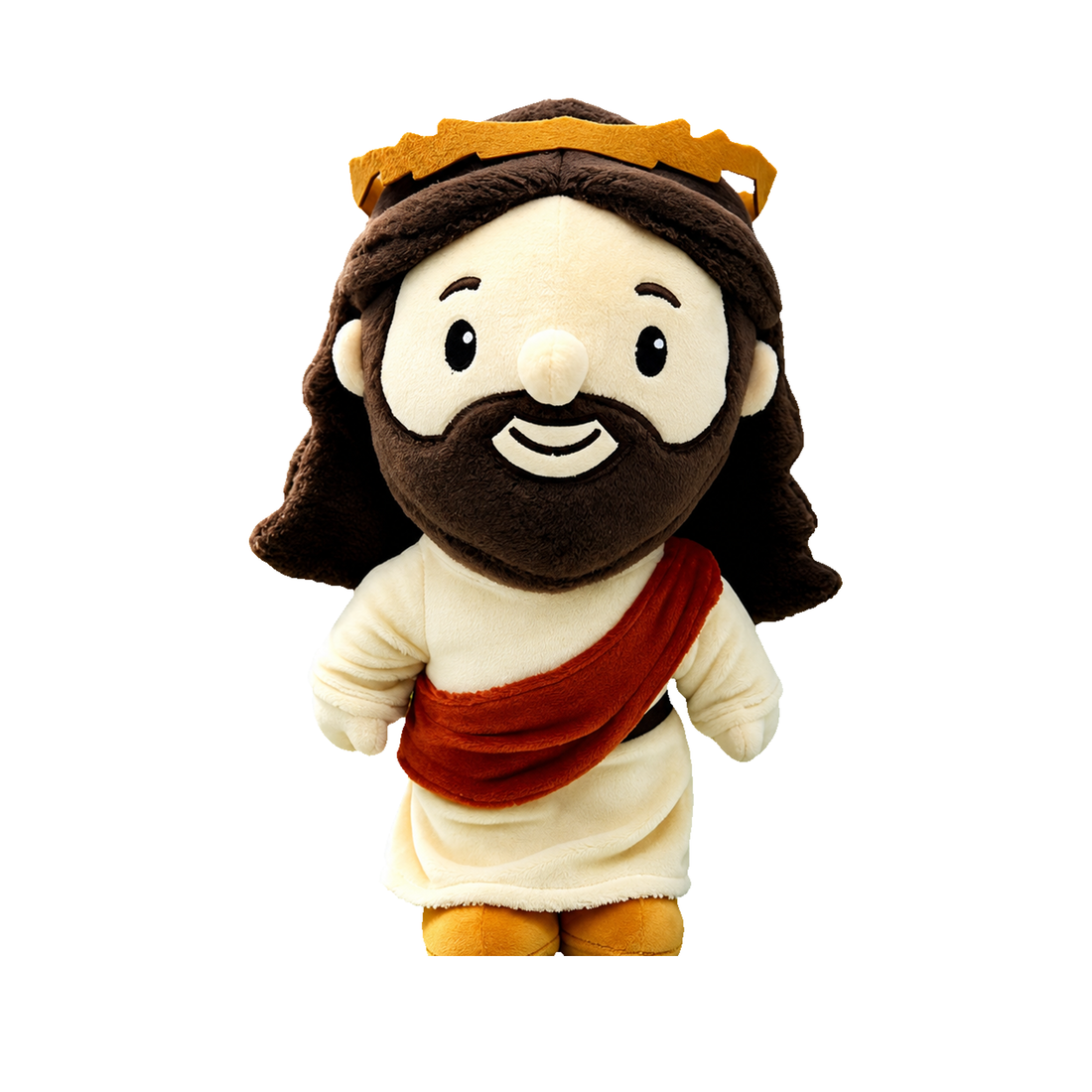 Boneco de pelúcia do Jesus de 28 cm, macio, com túnica creme, faixa vermelha e coroa dourada, em fundo branco