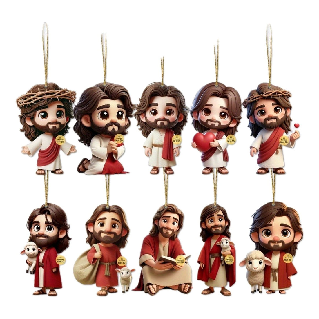 Os dez pingentes de acrílico com cenas de Jesus, pendurados em cordão, fundo branco