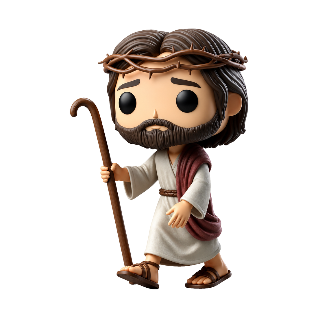 Peça colecionável de Jesus com cajado de pastor e coroa de espinhos, em fundo branco