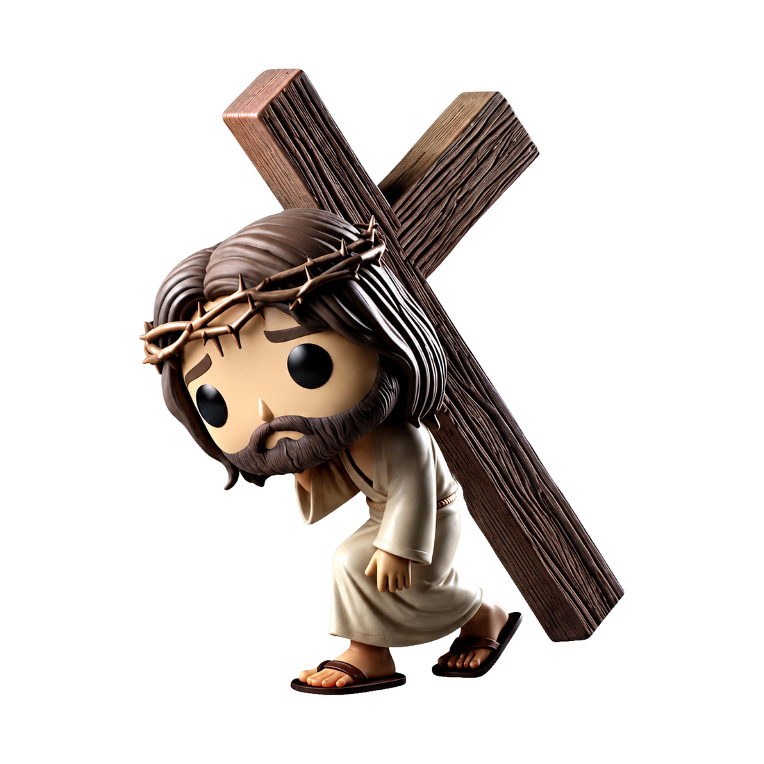 Peça colecionável de Jesus carregando a cruz nos ombros, com coroa de espinhos, em fundo branco