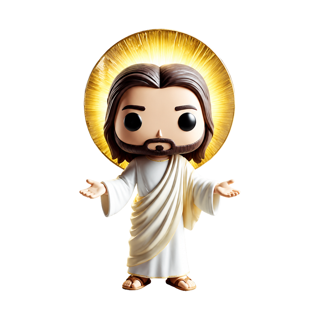 Peça colecionável de Jesus ressuscitado, com halo dourado e braços abertos, em fundo branco