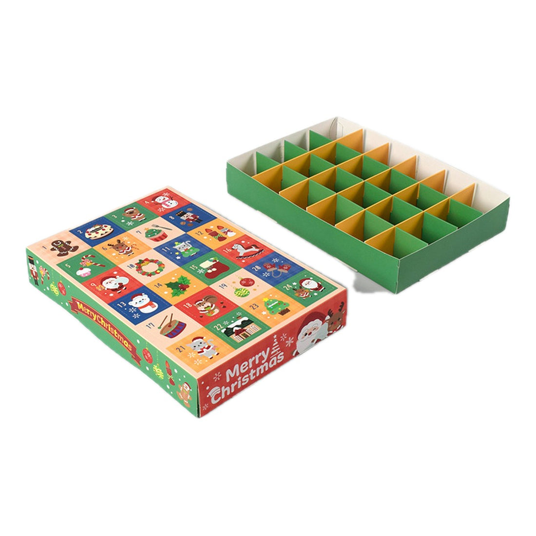 Kit de calendário do advento com tampa vermelha e bandeja de 24 compartimentos vazios, fundo branco