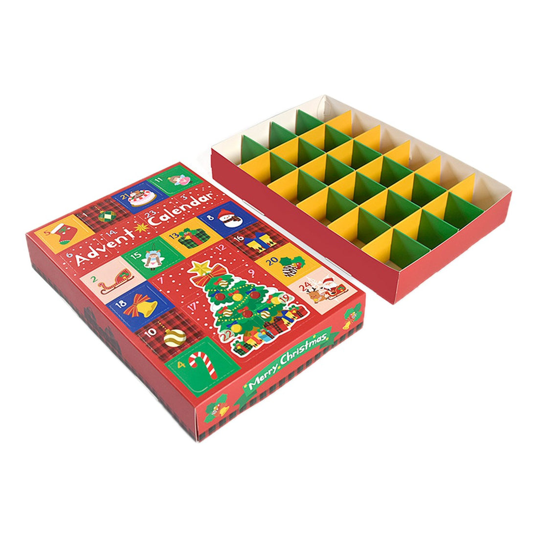 Kit de calendário do advento com tampa vermelha e bandeja de 24 compartimentos vazios, fundo branco