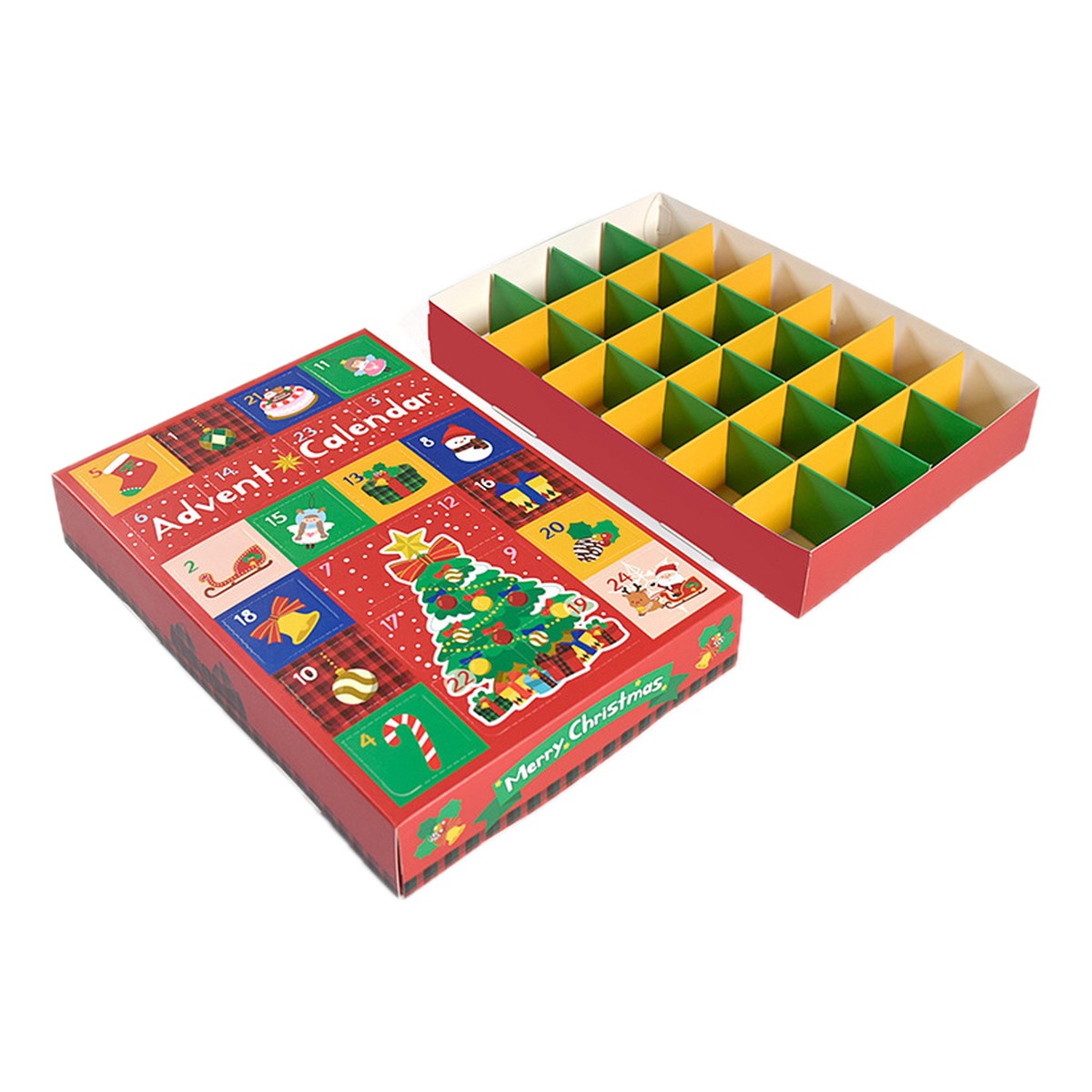 Kit de calendário do advento com tampa vermelha e bandeja de 24 compartimentos vazios, fundo branco