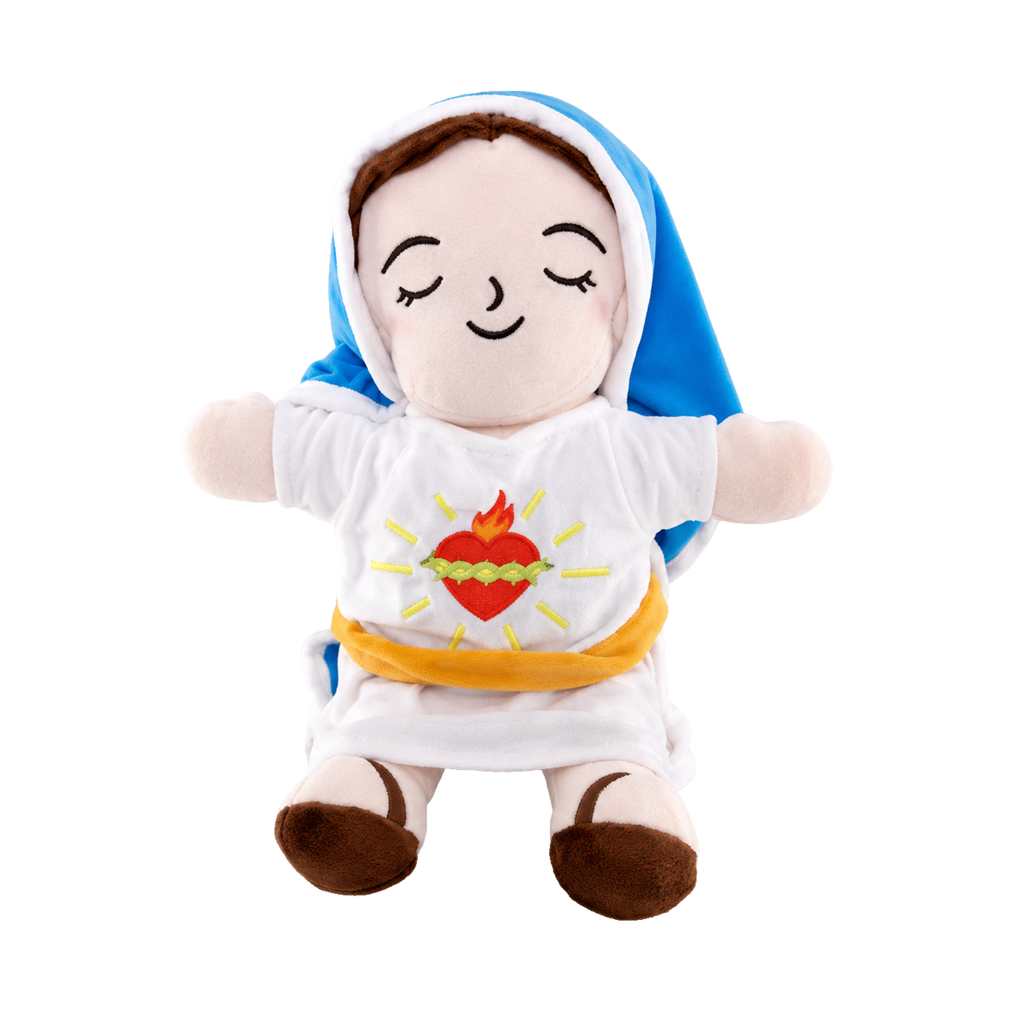 Boneca de pelúcia do Imaculado Coração de Maria, com véu branco, manto azul e coração bordado no peito, em fundo branco.