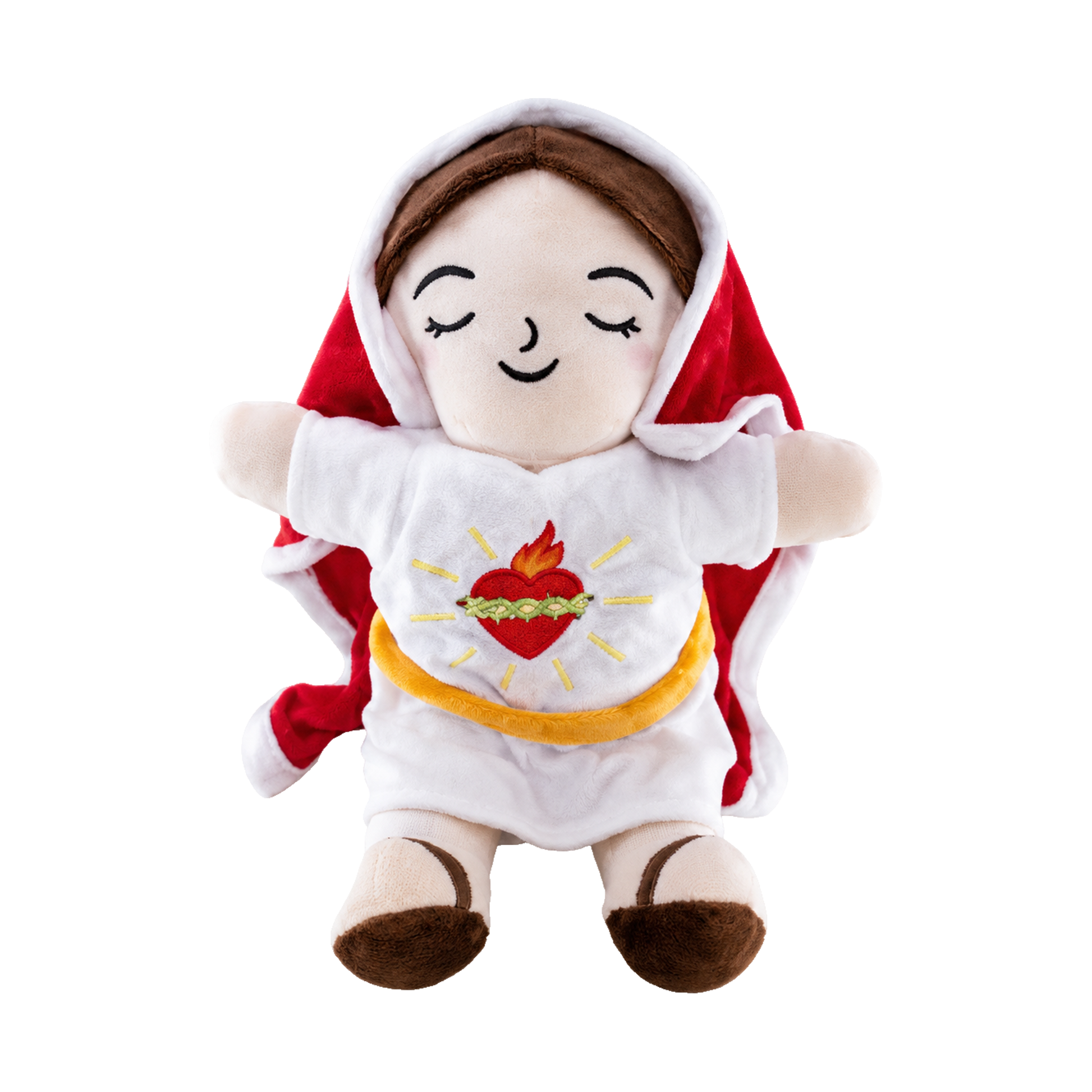 Boneca de pelúcia do Imaculado Coração de Maria, com véu branco, manto vermelho e coração bordado no peito, em fundo branco.