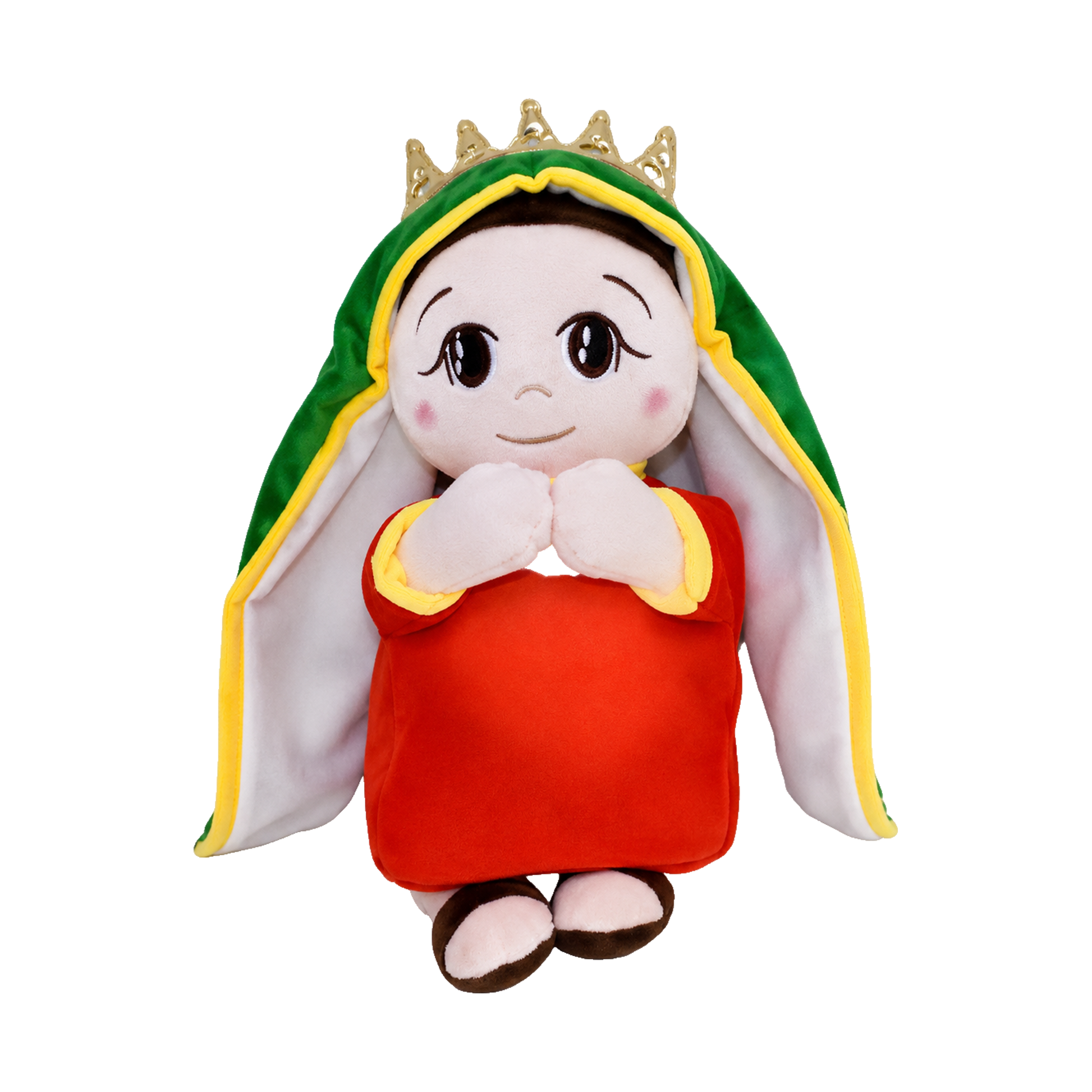 Boneca de pelúcia de Nossa Senhora de Guadalupe, com coroa dourada, manto verde e mãos em oração, em fundo branco.