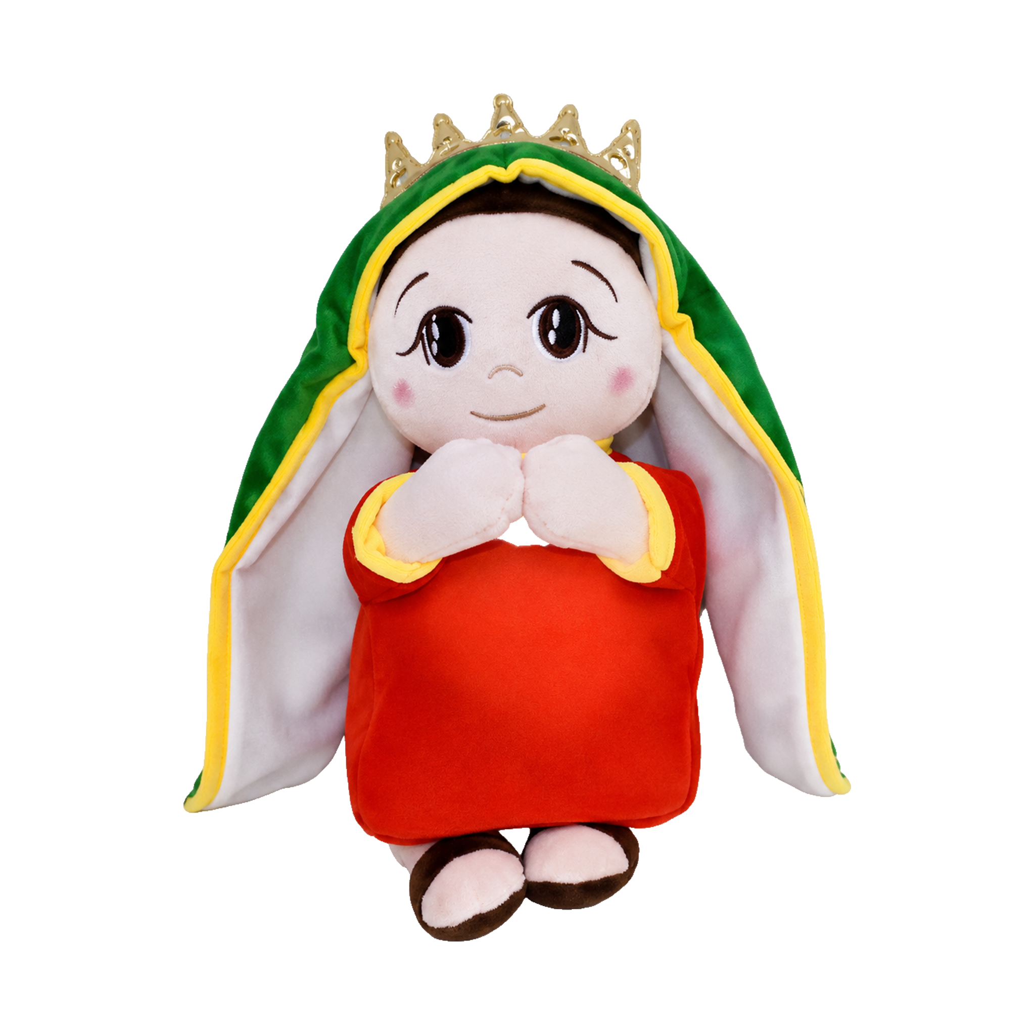 Boneca de pelúcia de Nossa Senhora de Guadalupe, com coroa dourada, manto verde e mãos em oração, em fundo branco.