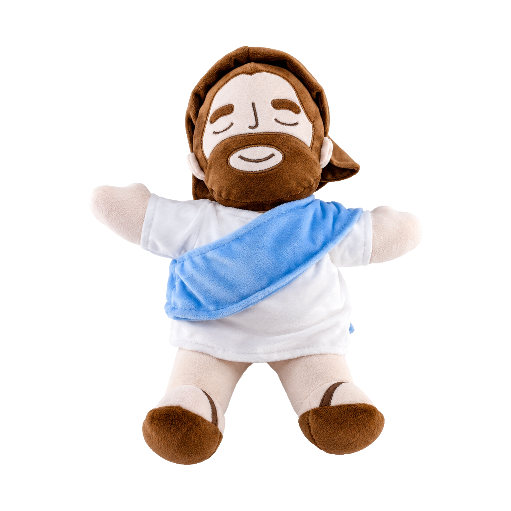 Boneco de pelúcia do Jesus com túnica branca e manto azul cruzado no peito, de braços abertos e sem bordado, em fundo branco.