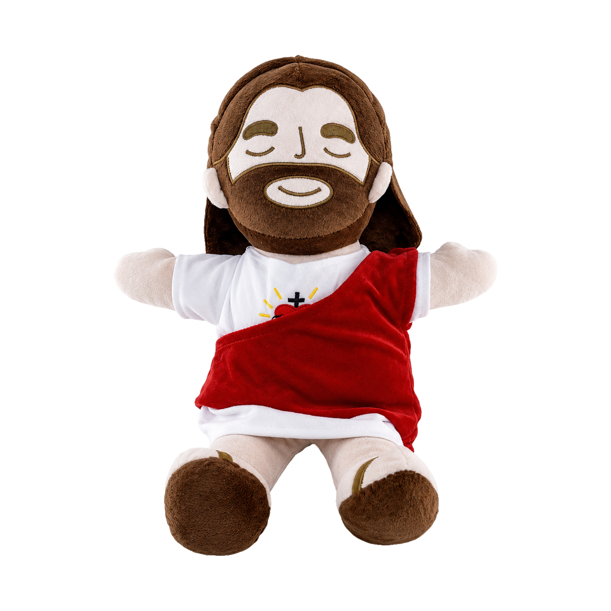 Boneco de pelúcia do Sagrado Coração de Jesus, com túnica branca, manto vermelho e coração bordado no peito, em fundo branco.