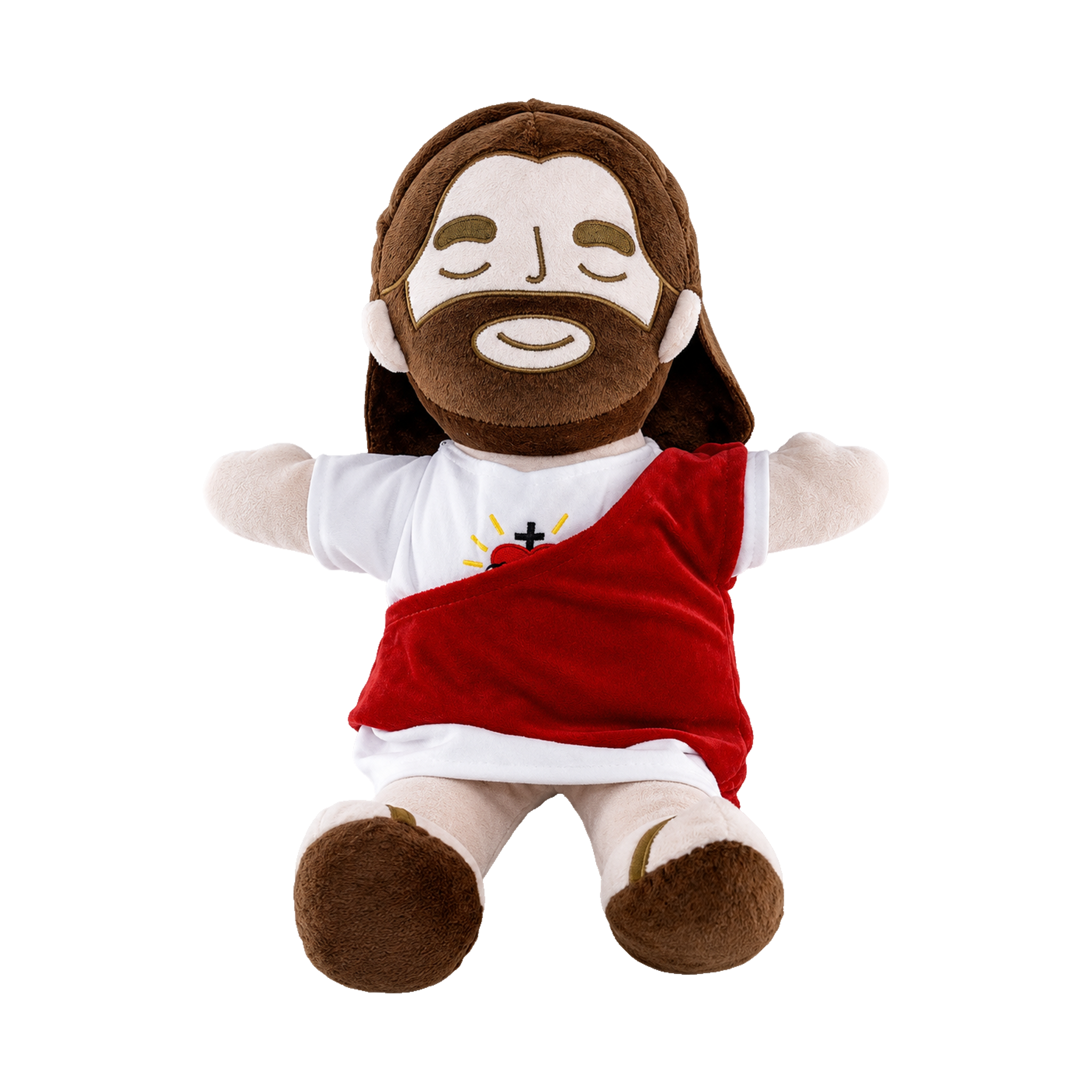 Boneco de pelúcia do Sagrado Coração de Jesus, com túnica branca, manto vermelho e coração bordado no peito, em fundo branco.