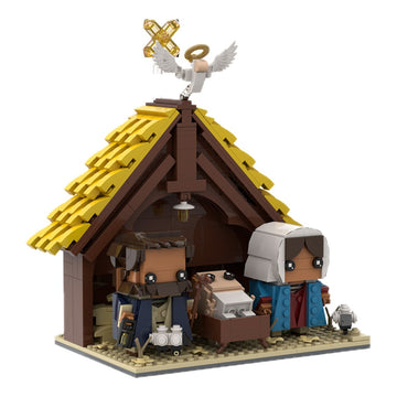 Presépio em blocos de montar com telhado de palha e anjo no alto, 616 peças, fundo branco